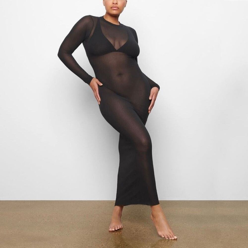 SKIMS Black Sheer Long Sleeve Maxi Dress